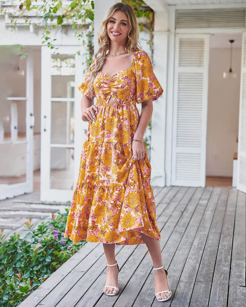 BTFBM Summer Dresses for Women 2026 Spring Outfits Beach Vacation Short Sleeve Smocked Boho Casual Floral Maxi Dress