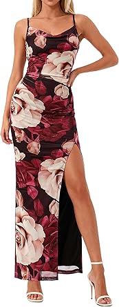 BTFBM Summer Dresses for Women 2026 Bodycon Spaghetti Strap Floral High Split Maxi Cocktail Wedding Guest Dress