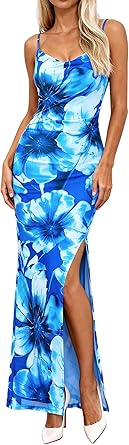 BTFBM Summer Dresses for Women 2026 Bodycon Spaghetti Strap Floral High Split Maxi Cocktail Wedding Guest Dress