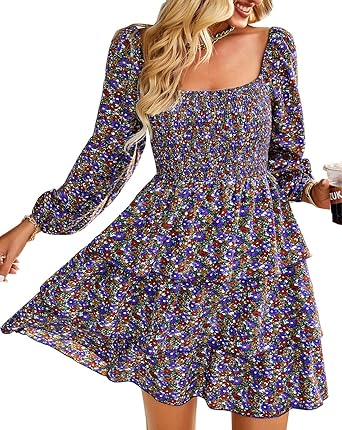 BTFBM Womens Long Sleeve Dress Vacation Square Neck Smocked Floral Swiss Dot Mini Boho Spring Wedding Guest Dresses 2026
