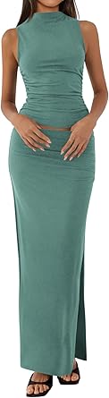 BTFBM Womens Two Piece Outfits Summer Lightweight 2026 Mock Neck Sleeveless Knit Tops Maxi Skirt Set Going Out Dress