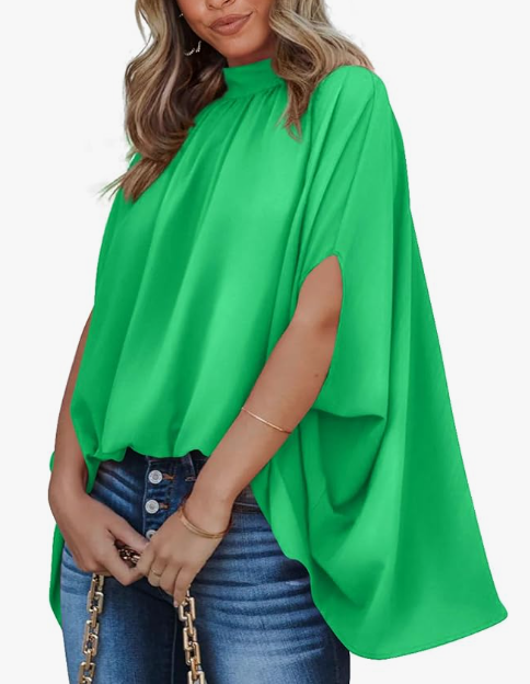 BTFBM Womens Summer Tops 2026 Mock Neck Batwing Sleeve Silk Satin Shirts Loose Oversized Dressy Casual Spring Blouses
