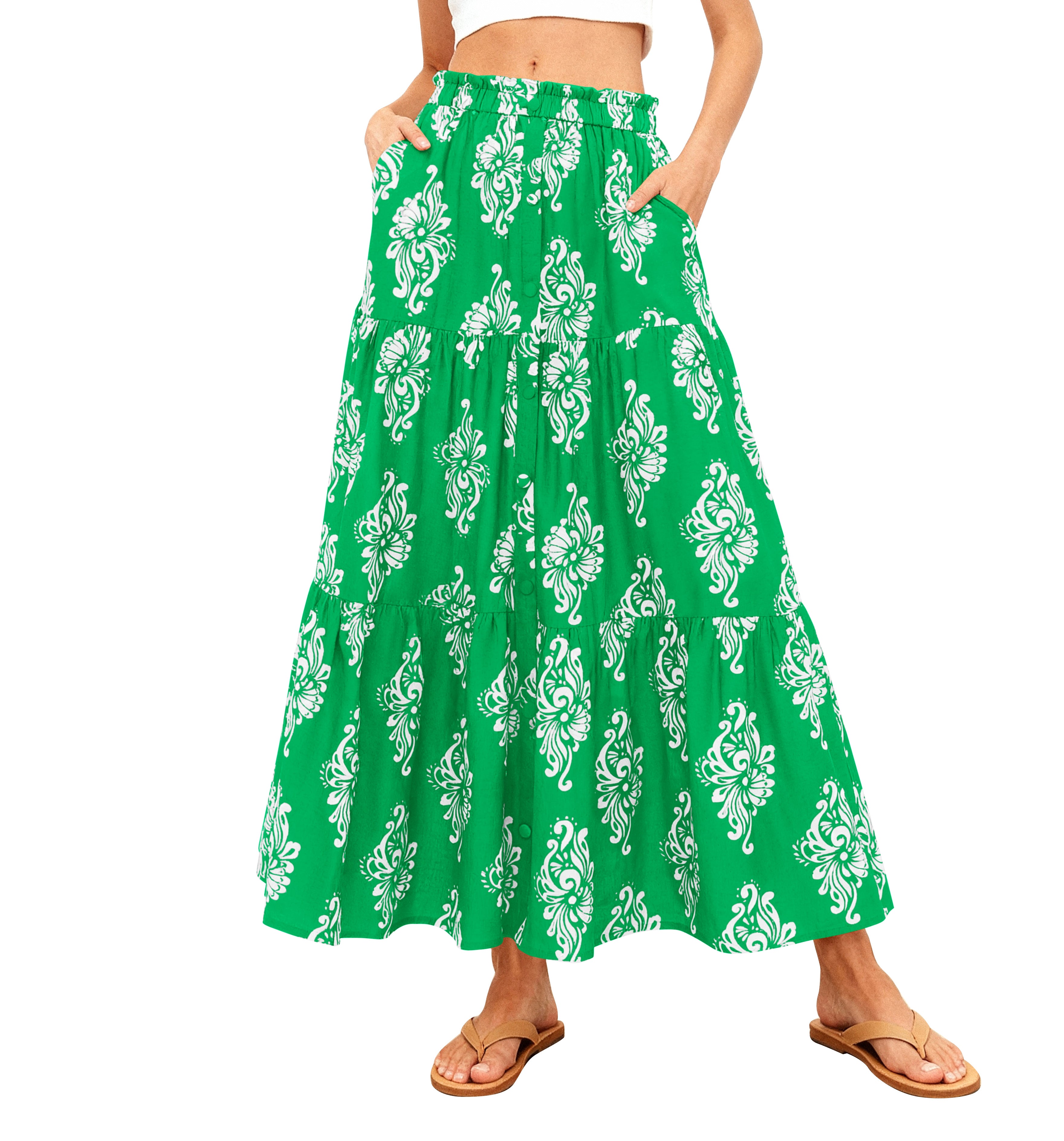 BTFBM Long Skirts for Women Summer 2026 Elastic High Waist Flowy A Line Casual Boho Tiered Floral Maxi Skirt Pockets