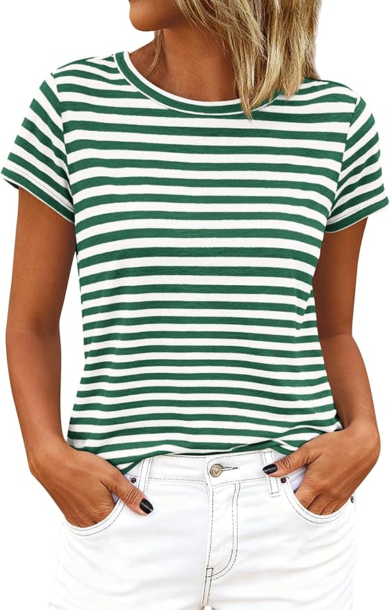 BTFBM Tops for Women Trendy Summer 2026 Crew Neck Short Sleeve T Shirts Striped Casual Vacation Blouse Loose Basic Tee