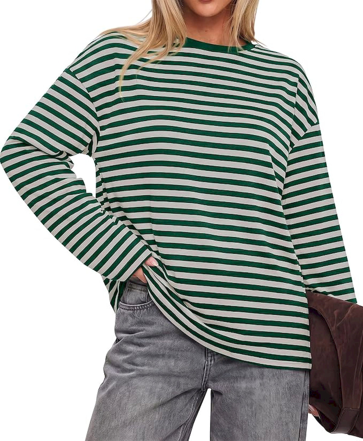 BTFBM Womens Long Sleeve Tops 2026 Fall Fashion | Lightweight, Crew Neck, Oversized Striped Shirt Women, Y2k Clothes, Vacation Travel Outfits, Going Out Top, Winter Layering