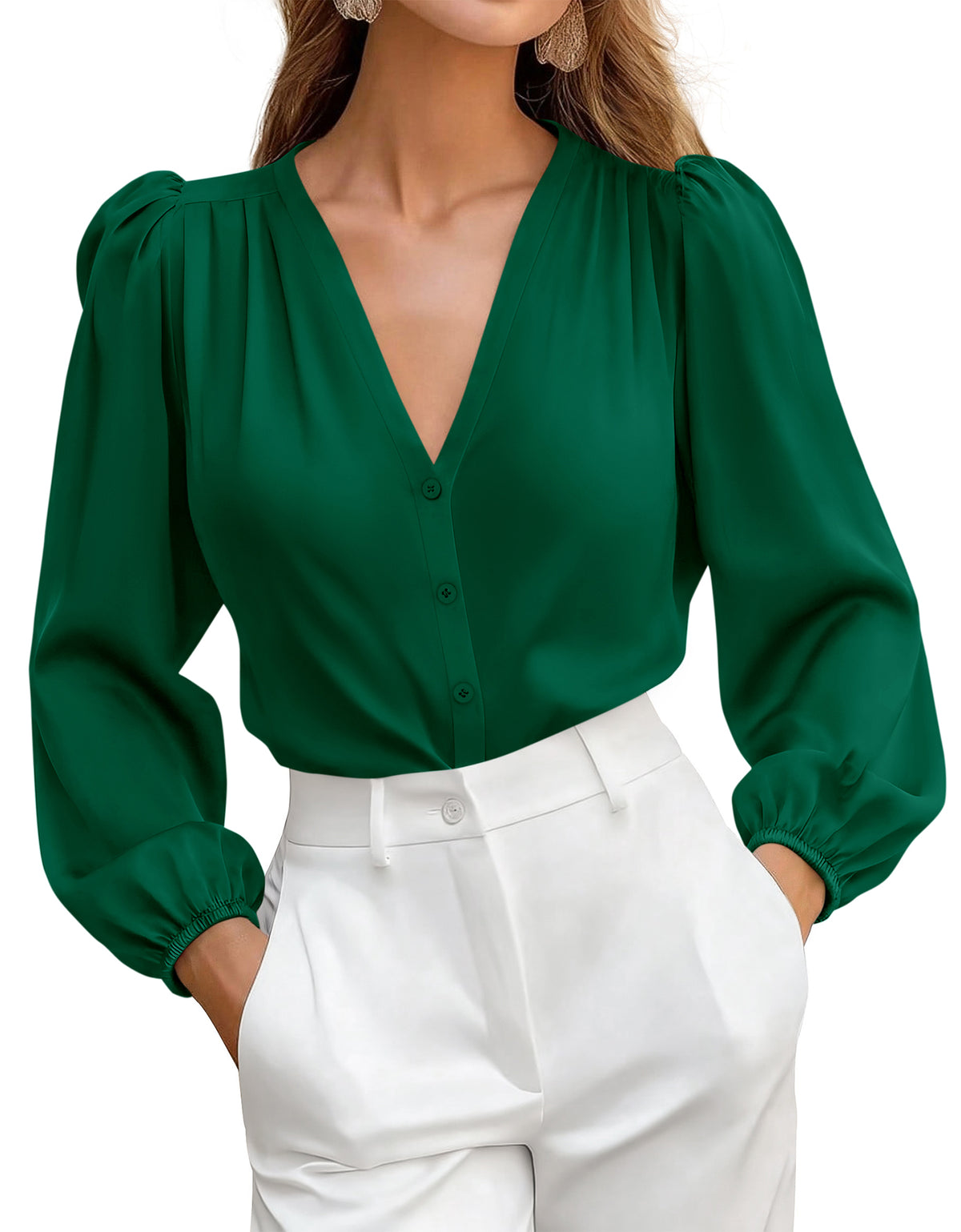 BTFBM Satin Blouses for Women Dressy Casual Button Down Shirts | Lightweight Silk Formal Tops, V Neck Lantern Long Sleeve Shirt, Office Work Business Casual Outfits, Fall Clothes 2026 Trendy