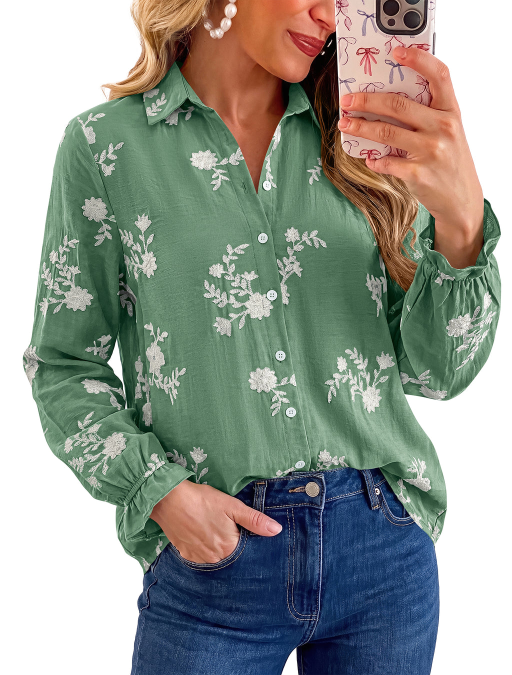 BTFBM Boho Floral Embroidered Long Sleeve Blouses for Women Dressy Casual
