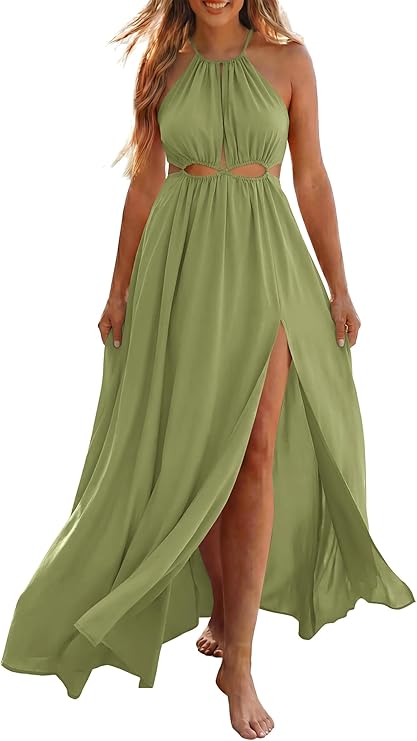 BTFBM Women Halter Summer Dresses 2026 Sleeveless Cutout Backless Sundress Slit Boho Maxi Beach Wedding Guest Dress
