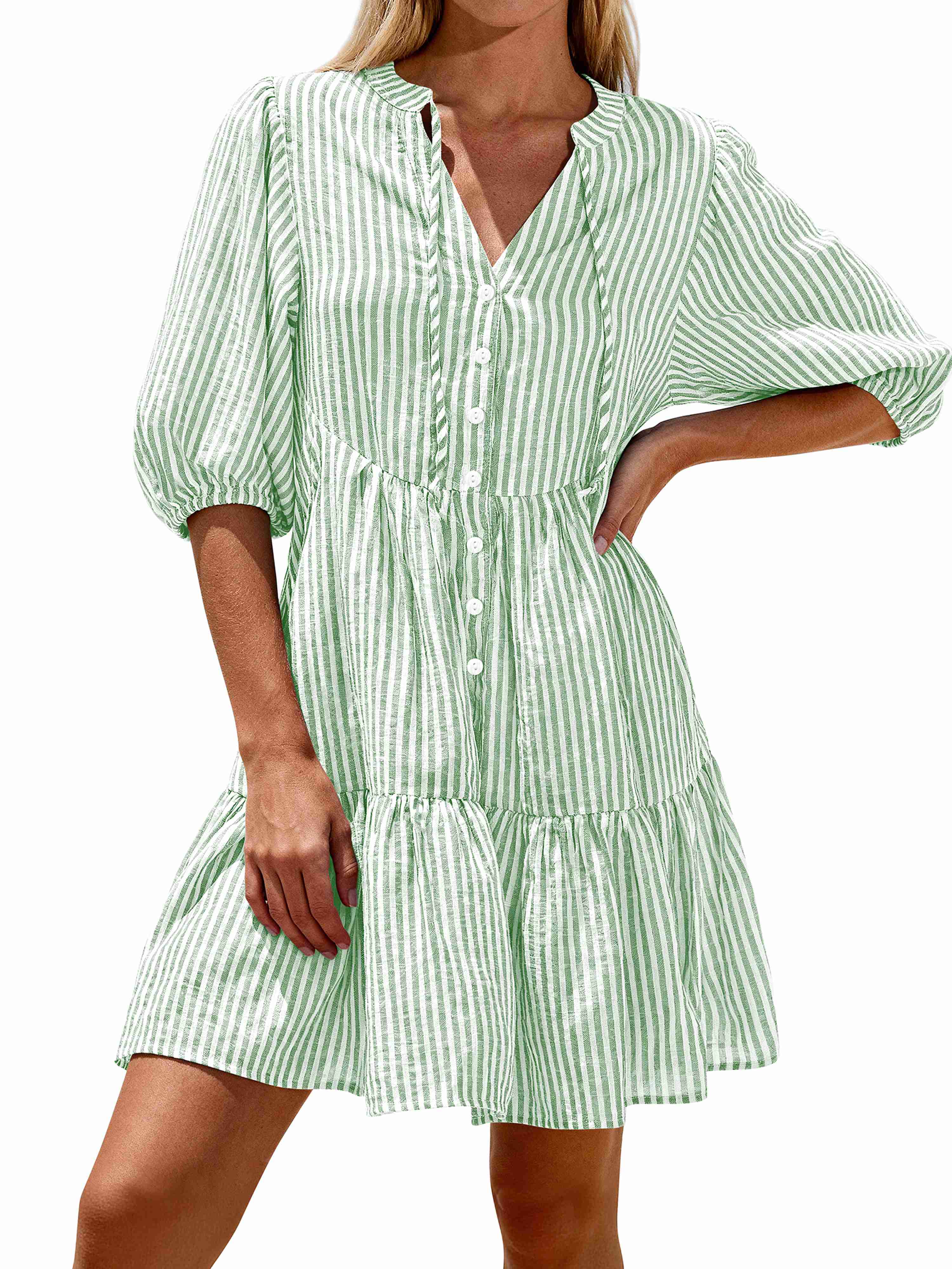 BTFBM Women Summer Dresses 2026 Striped Mini Dress Half Sleeve Button Down Tiered Flowy Beach Vacation Outfits Pockets