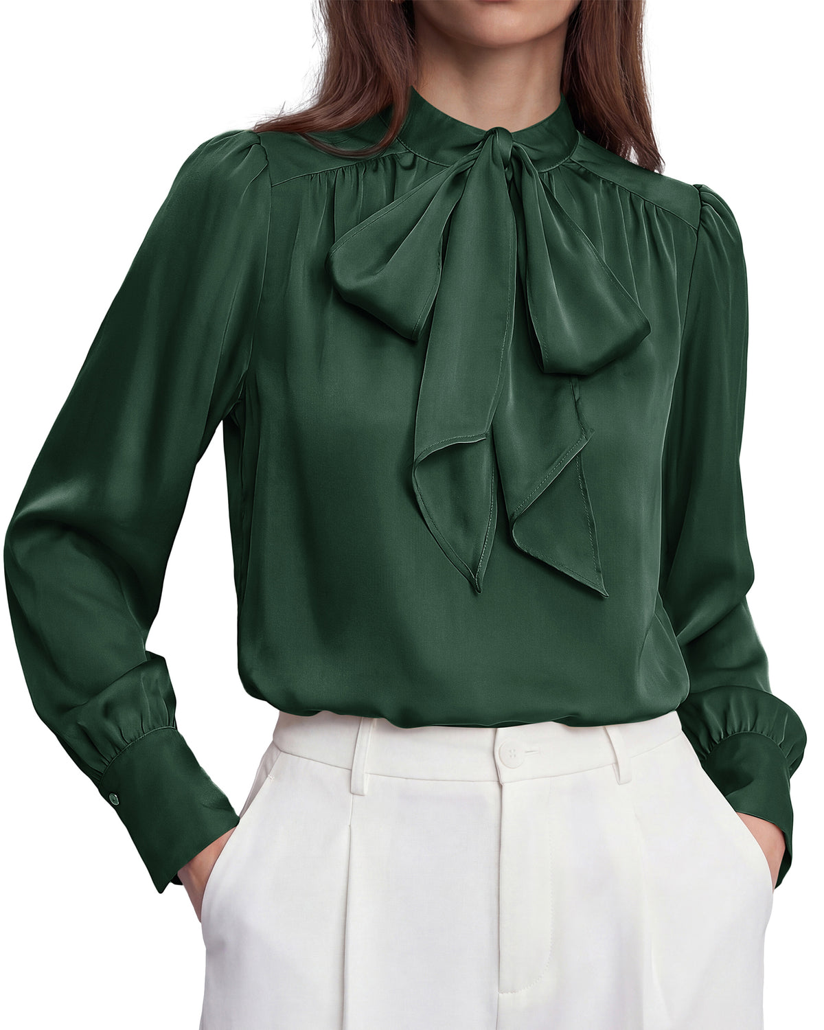 BTFBM Women Satin Blouses Bow Tie Work Business Casual Tops | Ruched Button Cuff Long Sleeve Top, Dressy Silk Blouse, Elegant Daily Professional Office Clothes, Early Fall Fashion 2026