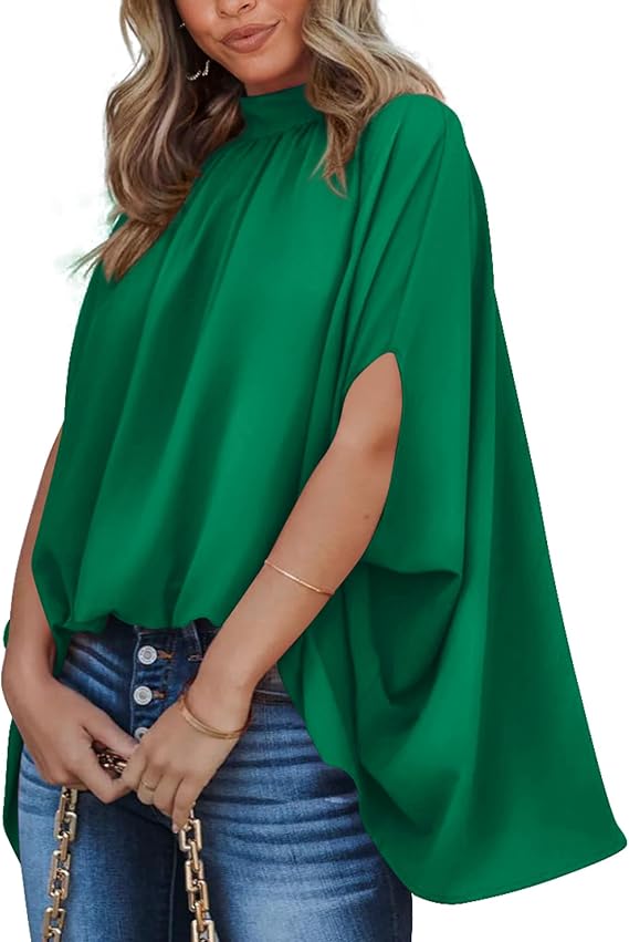 BTFBM Womens Summer Tops 2026 Mock Neck Batwing Sleeve Silk Satin Shirts Loose Oversized Dressy Casual Spring Blouses