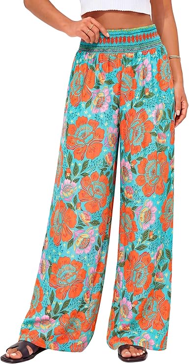 BTFBM Floral Wide Leg Pants Woman Spring Summer 2026 Smocked Elastic Waist Long Pant Resort Wear Beach Vacation Outfits