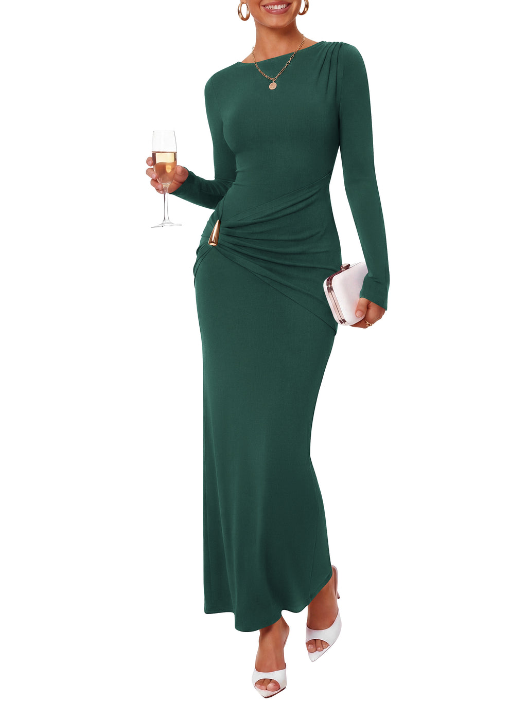 BTFBM Womens Long Sleeve Ruched Slit Maxi Wedding Guest Dress | Boat Neck, Bodycon, Semi Formal Dresses For Women Cocktail, Party, Homecoming, Date Night, Christmas, Holiday, Winter Outfits