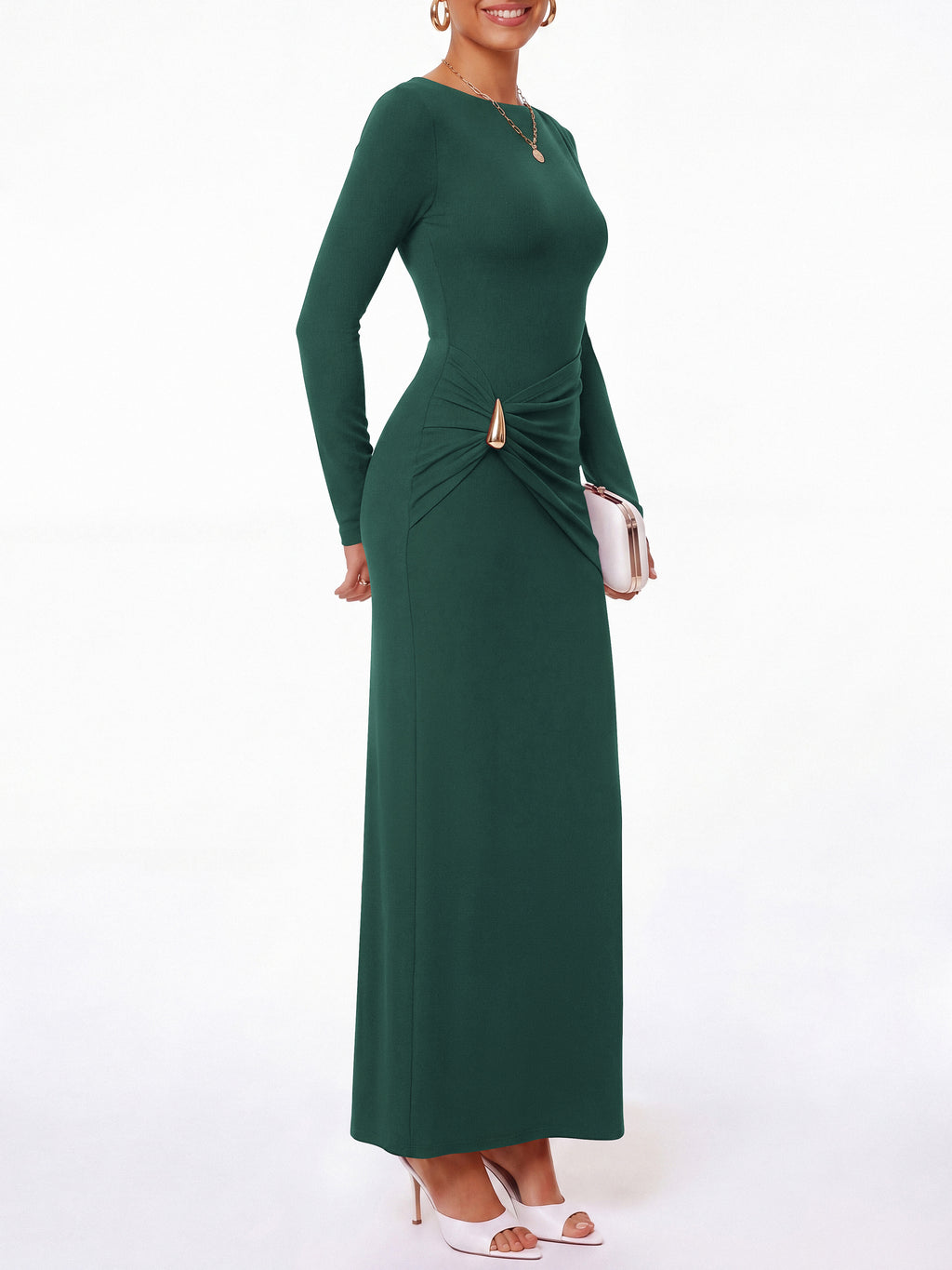 BTFBM Womens Long Sleeve Ruched Slit Maxi Wedding Guest Dress | Boat Neck, Bodycon, Semi Formal Dresses For Women Cocktail, Party, Homecoming, Date Night, Christmas, Holiday, Winter Outfits