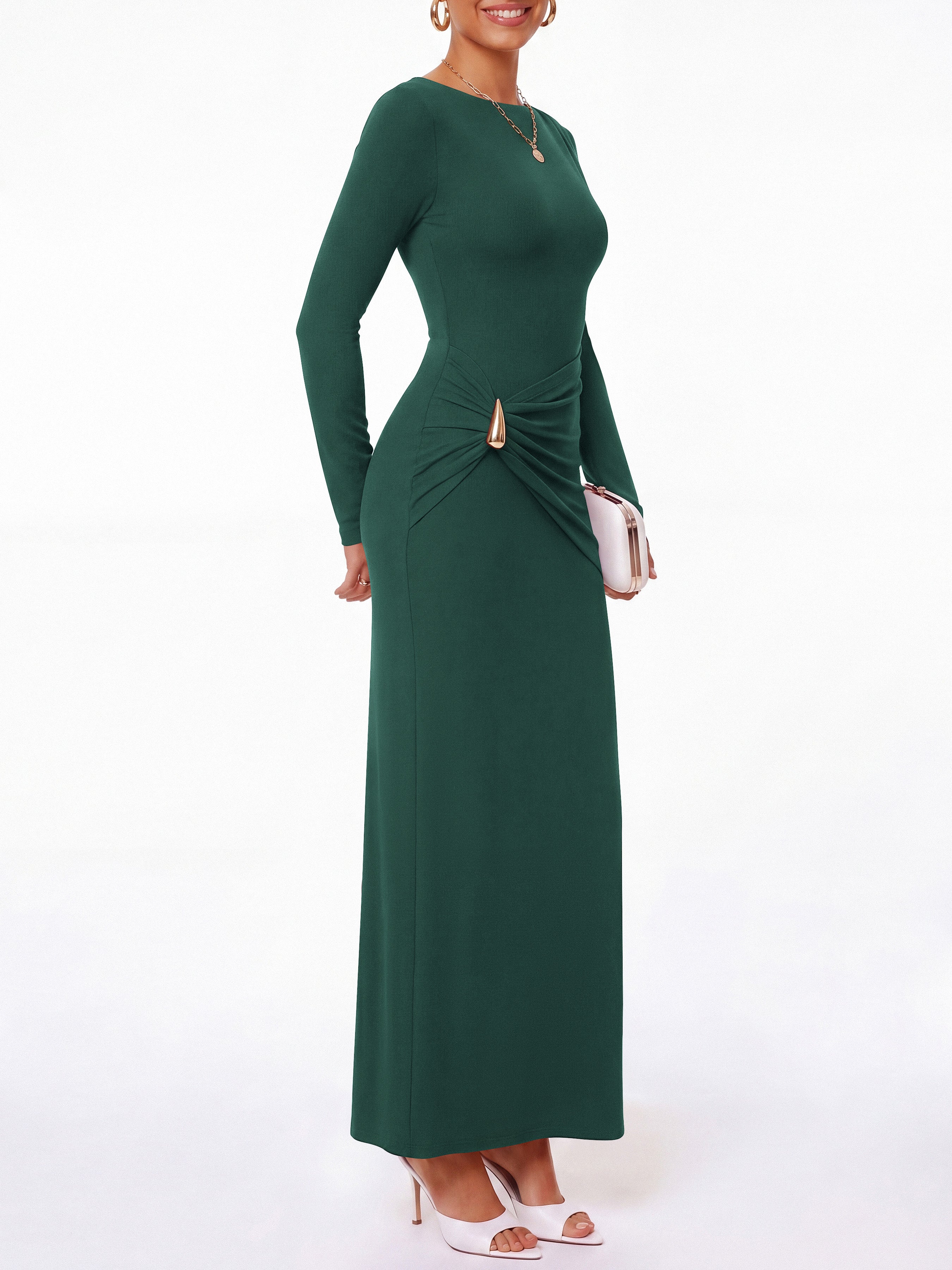 BTFBM Womens Long Sleeve Ruched Slit Maxi Wedding Guest Dress | Boat Neck, Bodycon, Semi Formal Dresses For Women Cocktail, Party, Homecoming, Date Night, Christmas, Holiday, Winter Outfits