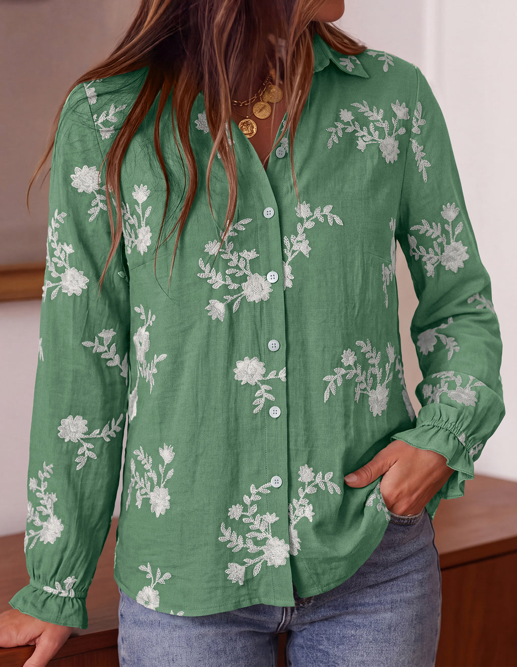 BTFBM Boho Floral Embroidered Long Sleeve Blouses for Women Dressy Casual