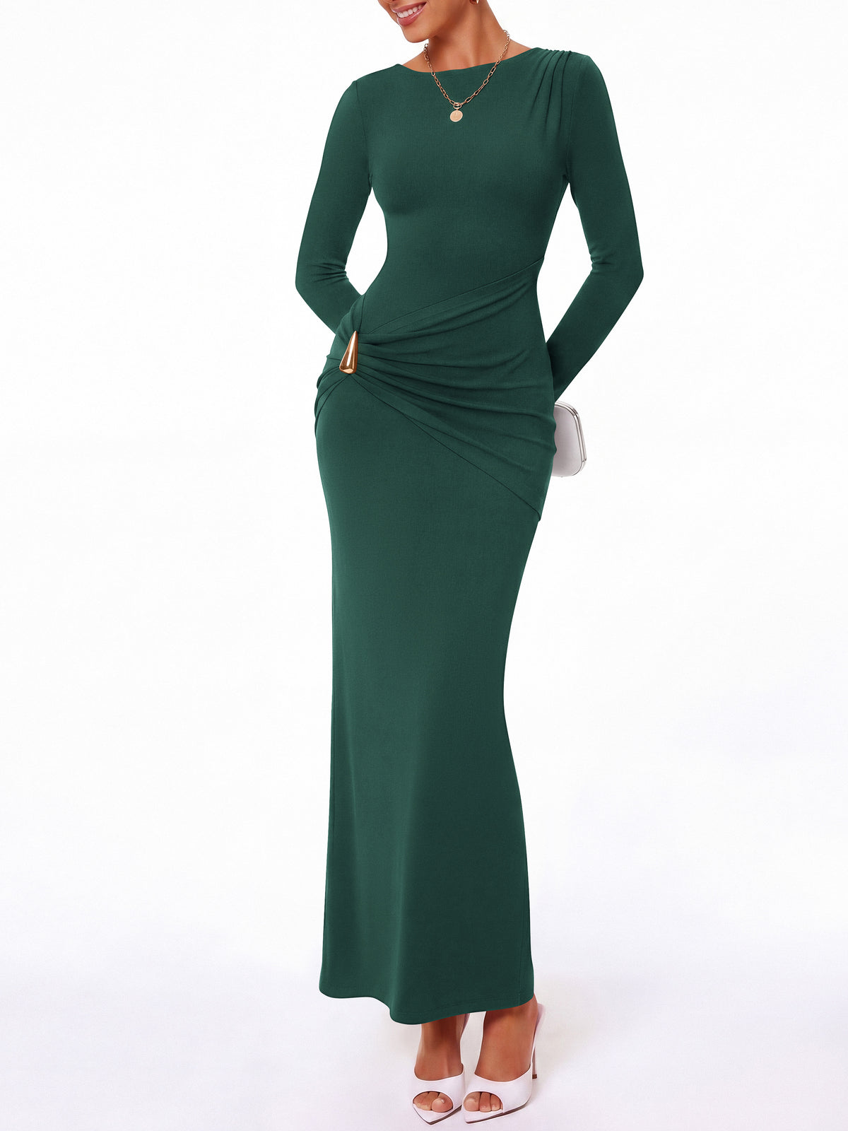 BTFBM Womens Long Sleeve Ruched Slit Maxi Wedding Guest Dress | Boat Neck, Bodycon, Semi Formal Dresses For Women Cocktail, Party, Homecoming, Date Night, Christmas, Holiday, Winter Outfits
