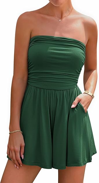 BTFBM Womens Romper 2026 Spring Summer Strapless Tube Tops Beach Vacation Clothes Boho Loose Shorts Jumpsuits Pockets