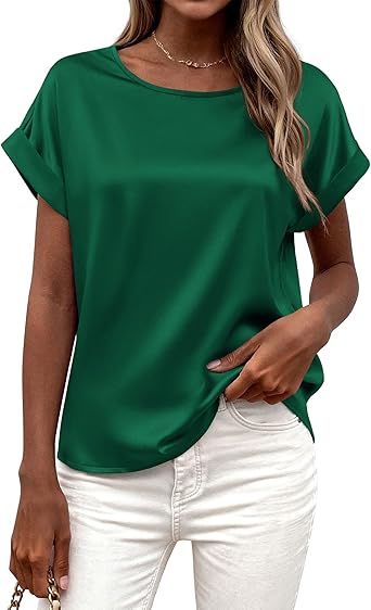BTFBM Womens Summer Tops 2026 Satin Silk Crewneck Short Sleeve Shirts Work Business Outfits Spring Blouses Dressy Casual