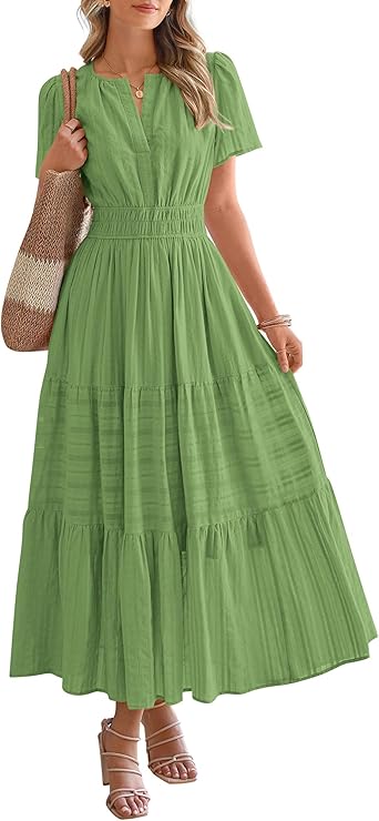 BTFBM Womens Summer 2025 Casual Midi Maxi Dresses Lightweight Short Sleeve V Neck Elastic Waist Boho Beach Dress Pockets