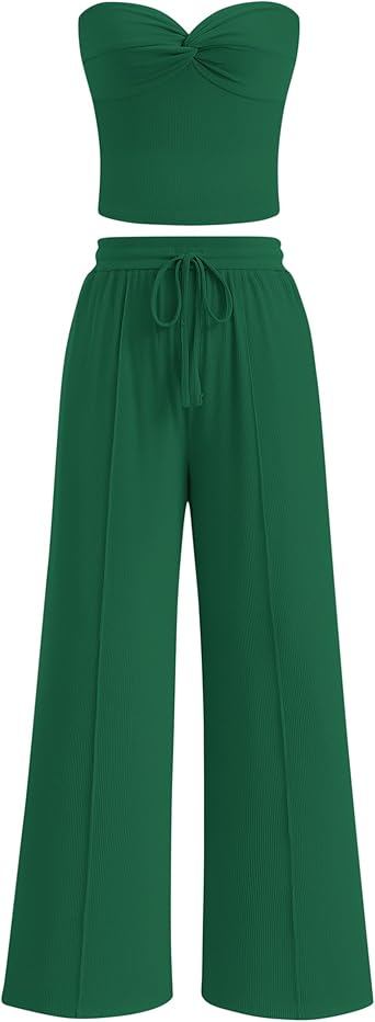 BTFBM Two Piece Sets For Women Summer Ribbed Strapless Twist Knot Tube Top Pants Set Casual 2026 Beach Vacation Outfits