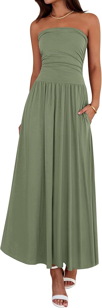 BTFBM Summer Maxi Dresses for Women 2026 Strapless Ruched Tube Top Beach Vacation Spring Wedding Guest Dress Pockets