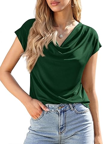 BTFBM Blouses for Women Dressy Casual Spring Summer Tops 2026 Cowl Neck Short Sleeve Shirts Work Office Business Outfits