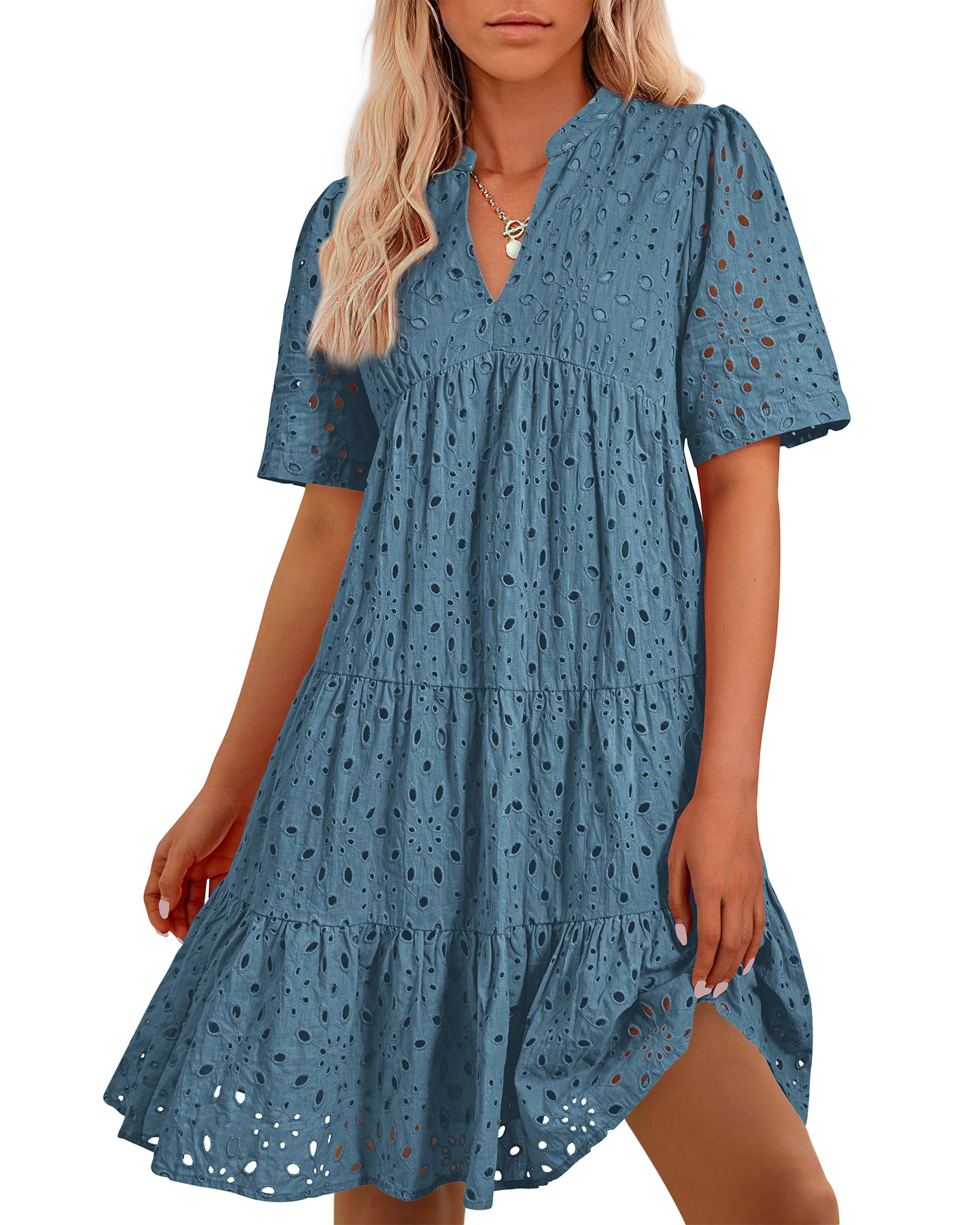 BTFBM Womens Boho Summer Dresses 2026 Spring V Neck Short Sleeve Hollow Out Lace Ruffle Casual Beach Mini Vacation Dress