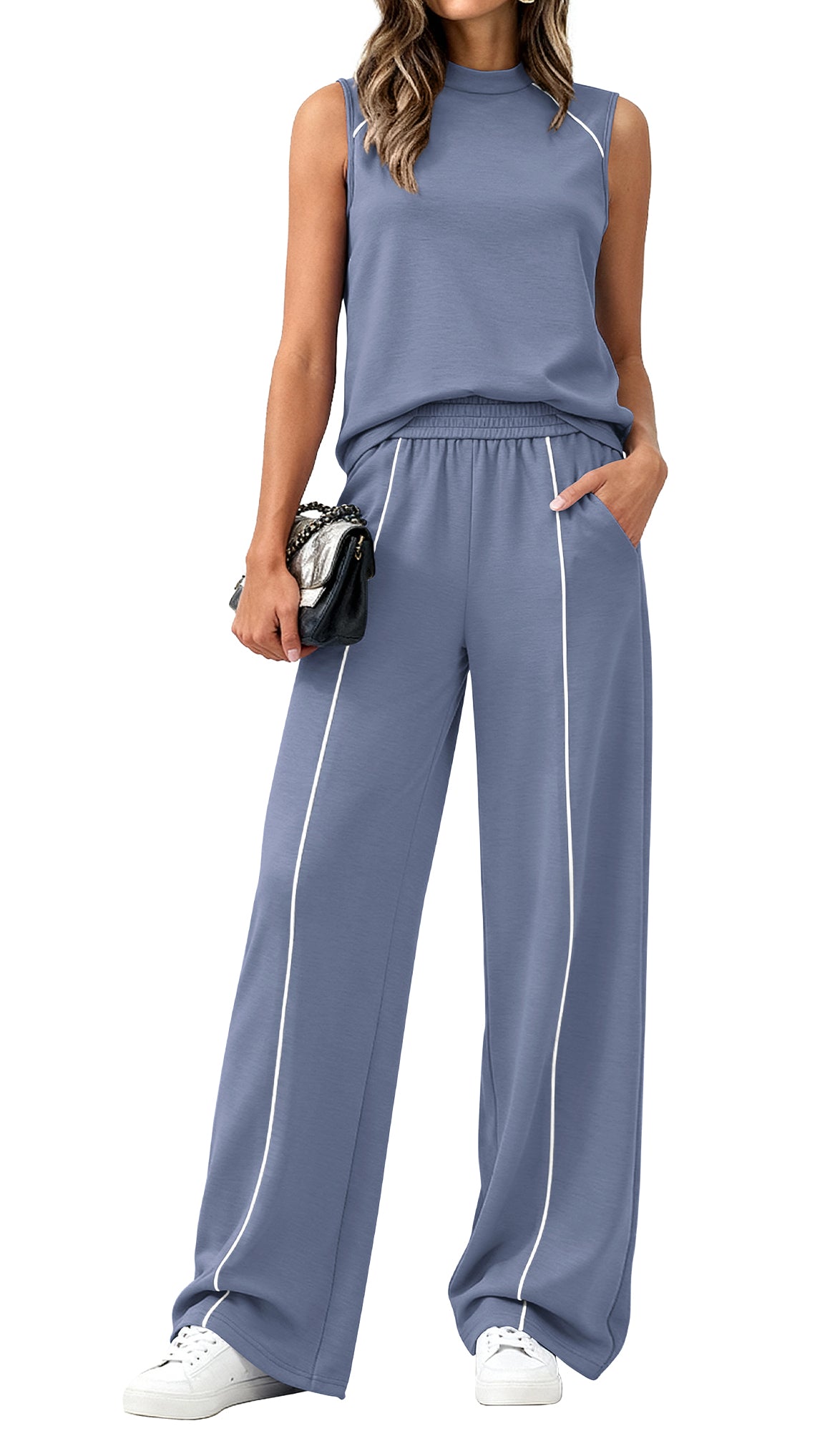 BTFBM Two Piece Sets for Women Summer Outfits 2026 Lounge Sets Mock Neck Tops Wide Leg Pants Travel Fashion Clothing