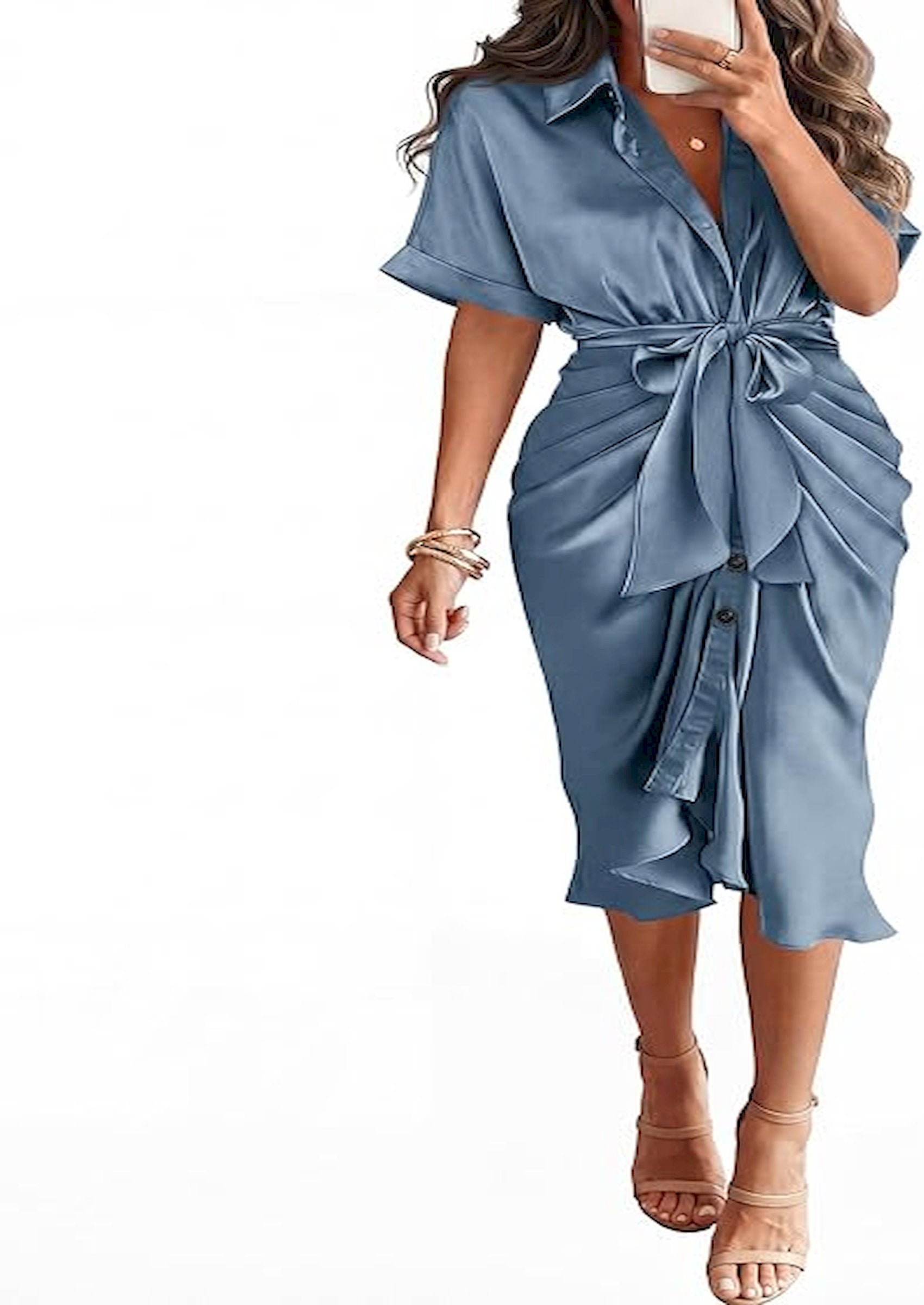 BTFBM Dresses for Women Summer Button Short Sleeve Silk Satin Ruched Spring Maxi Dress 2026 Cocktail Party Wedding