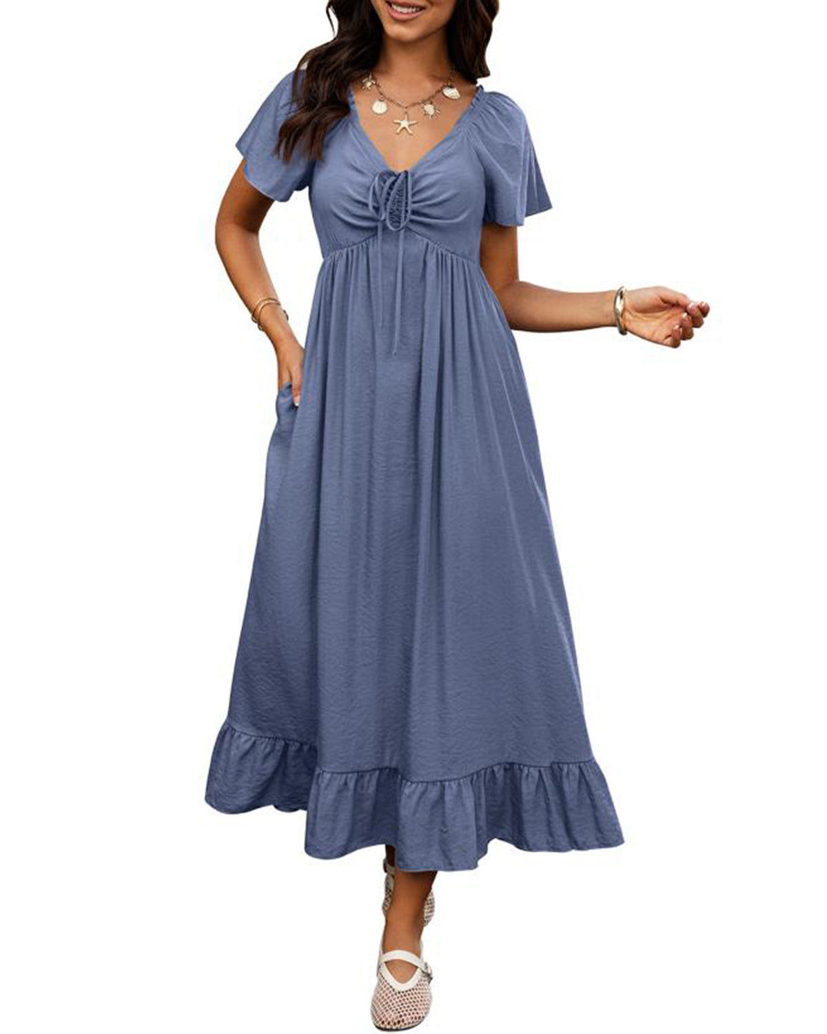 BTFBM Womens Summer Dresses 2026 Wedding Guest Maxi Dress  Short Sleeve, V Neck, Drawstring,A-Line,Loose Fit,Solid,Cocktail,Party,Boho Beach Long Dress,Prom,Beach Vacation Clothes