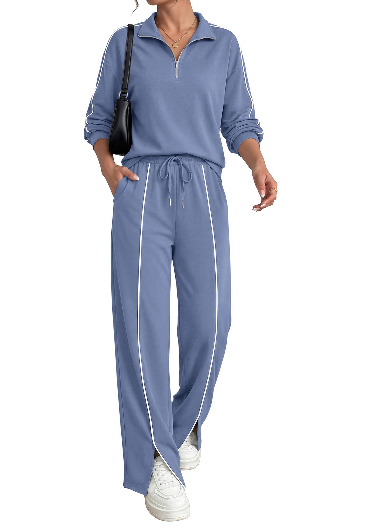 BTFBM Two Piece Sets for Women Fall Fashion 2026 Long Sleeve Half Zip Lounge Set Wide Leg Pants Vacation Airport Outfits