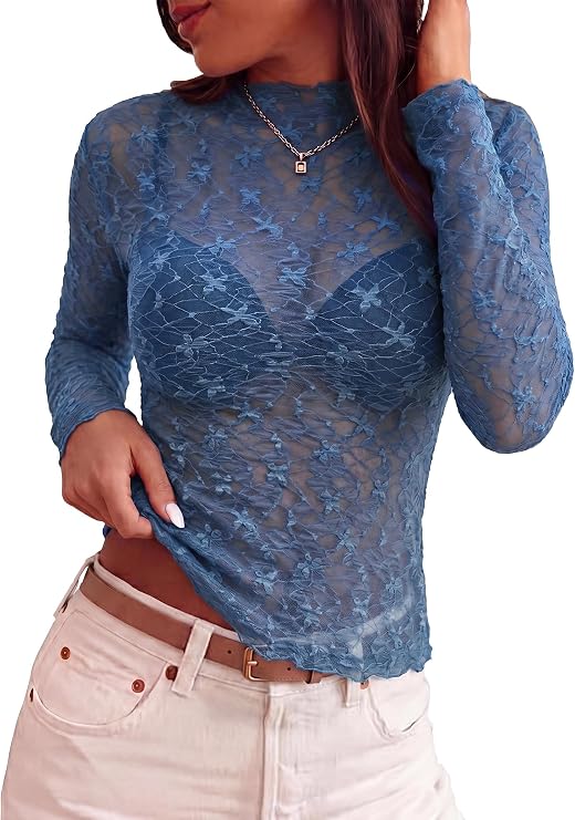 BTFBM Womens Tops Sheer See Through Lace Mock Neck Mesh Blouses | Slim Fit, Long Sleeve, Blouses For Women Dressy Casual, Floral Pattern, Fall Fashion, Sexy, Vacation Outfits For Women