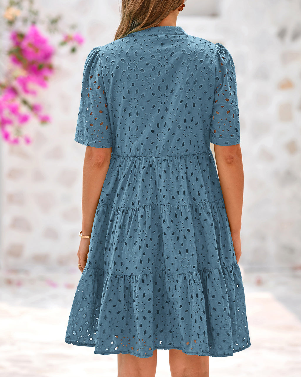 BTFBM Womens Boho Summer Dresses 2026 Spring V Neck Short Sleeve Hollow Out Lace Ruffle Casual Beach Mini Vacation Dress