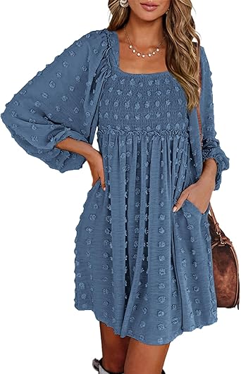 BTFBM Womens Long Sleeve Dress Vacation Square Neck Smocked Floral Swiss Dot Mini Boho Spring Wedding Guest Dresses 2026