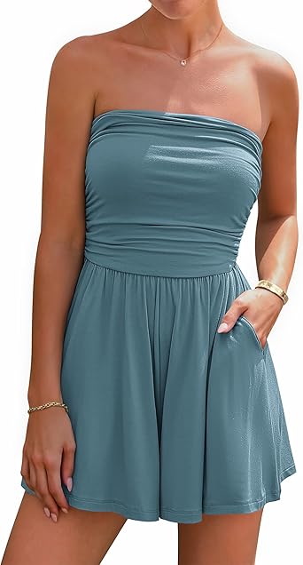 BTFBM Womens Romper 2026 Spring Summer Strapless Tube Tops Beach Vacation Clothes Boho Loose Shorts Jumpsuits Pockets