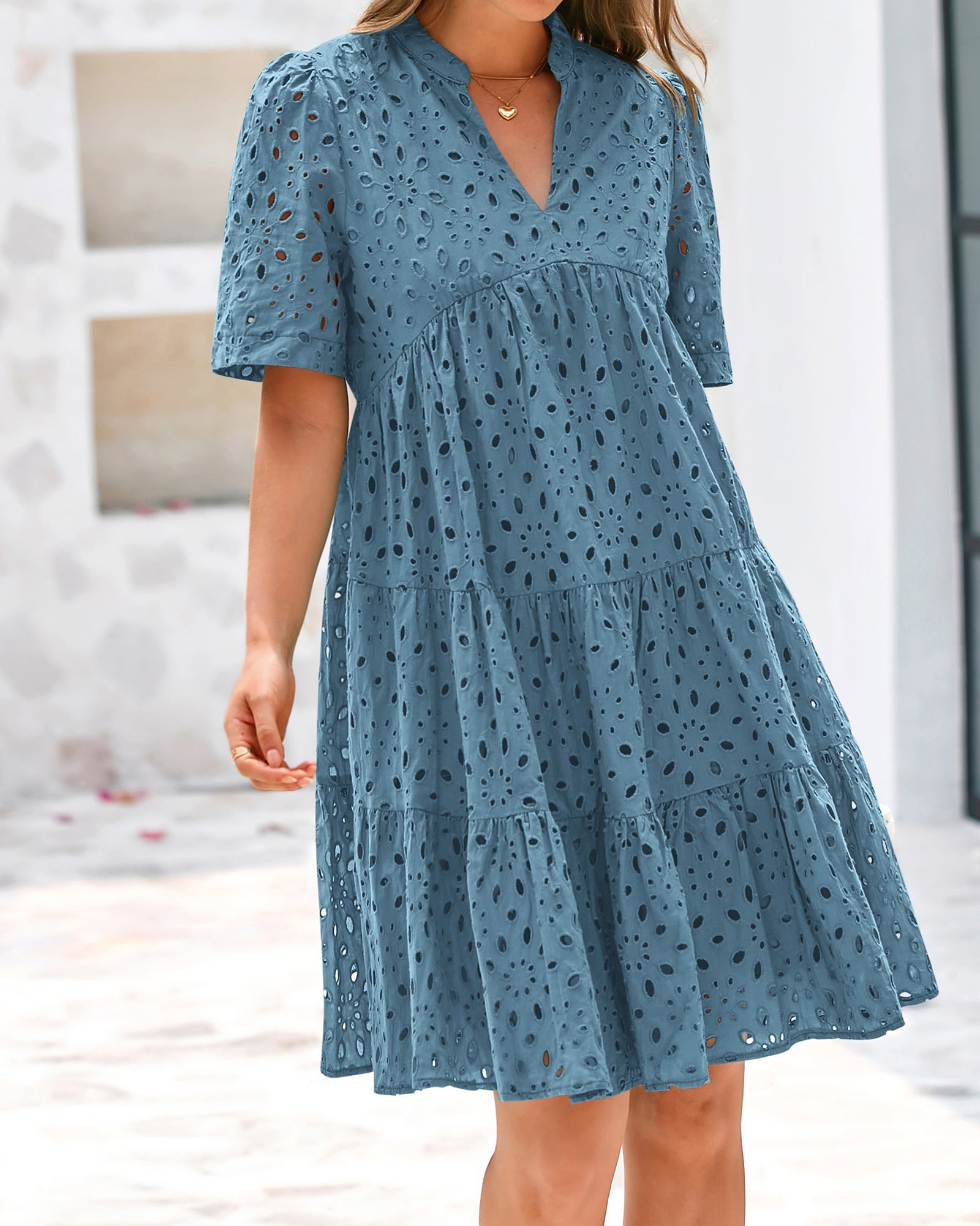 BTFBM Womens Boho Summer Dresses 2026 Spring V Neck Short Sleeve Hollow Out Lace Ruffle Casual Beach Mini Vacation Dress