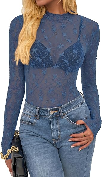 BTFBM Lace Tops for Women 2025 See Through Mesh Top Crew Neck Long Sleeve Fitted Sheer Party Club Outfits Fall Fashion