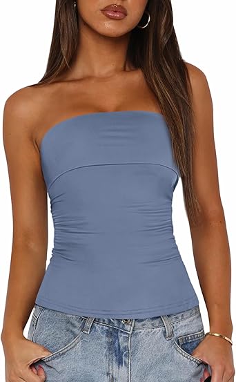 BTFBM Womens Strapless Tube Tops Spring Summer Clothes 2026 Trendy Casual Ruched Stretchy Going Out Bodycon Bandeau Top