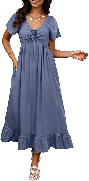 BTFBM Womens Spring Dresses 2025 Casual Short Sleeve V Neck Drawstring Wedding Guest Maxi Dresses Boho Beach Long Dress