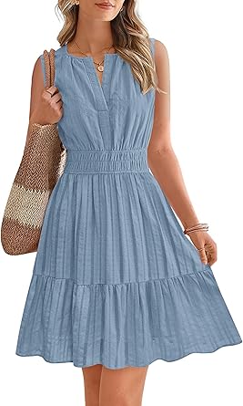 BTFBM Mini Dresses for Women 2026 Summer Sleeveless V Neck Elastic Waist Beach Vacation Sundress Boho Casual Dress Pockets