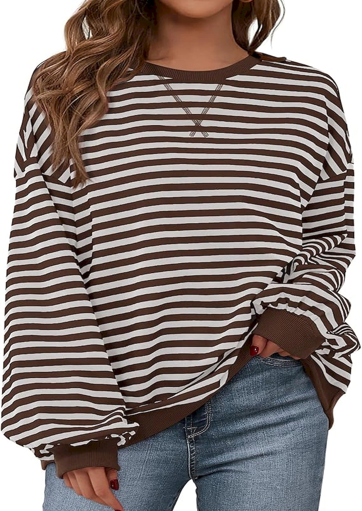 BTFBM Sweatshirt For Women 2026 Summer Crewneck Long Sleeve Oversized Striped Pullover Tops Y2K Clothes Workout Shirt
