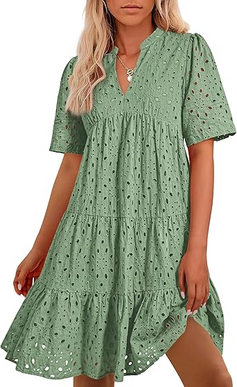 BTFBM Womens Boho Summer Dresses 2026 Spring V Neck Short Sleeve Hollow Out Lace Ruffle Casual Beach Mini Vacation Dress
