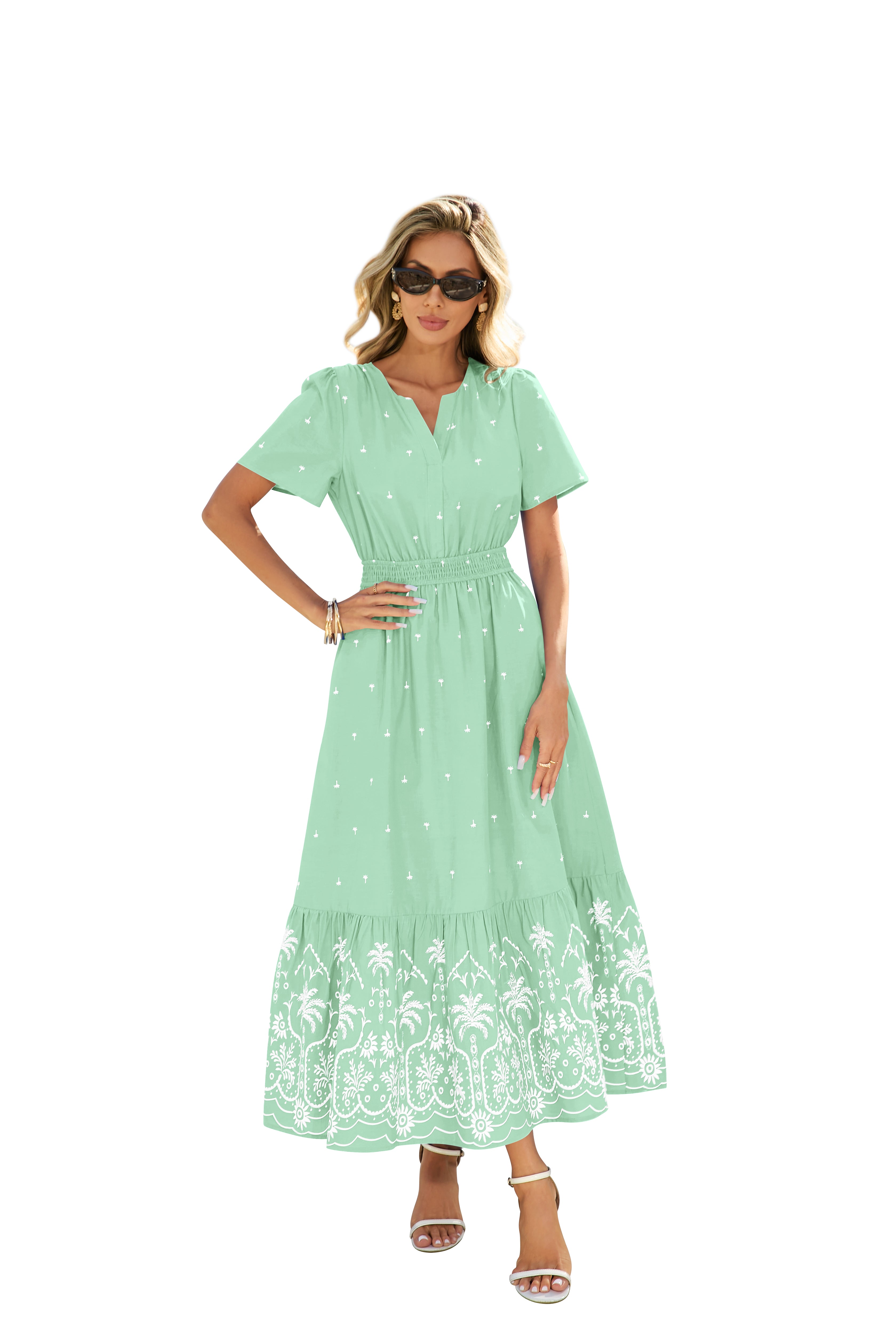 BTFBM Womens Summer Dresses 2026 Casual Short Sleeve Elastic Waist Flowy Beach Vacation Floral Boho Maxi Dress Pockets