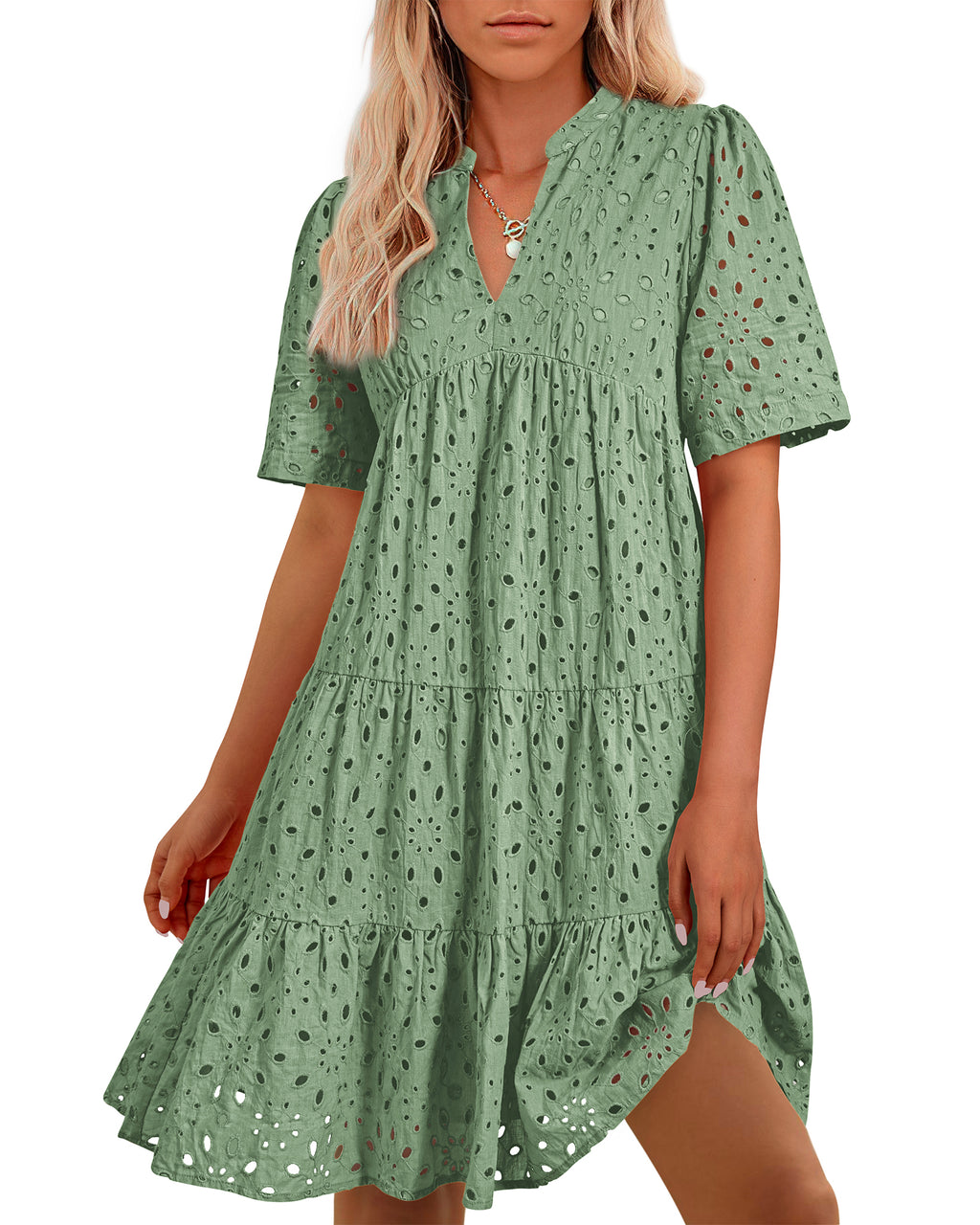 BTFBM Womens Boho Summer Dresses 2026 Spring V Neck Short Sleeve Hollow Out Lace Ruffle Casual Beach Mini Vacation Dress