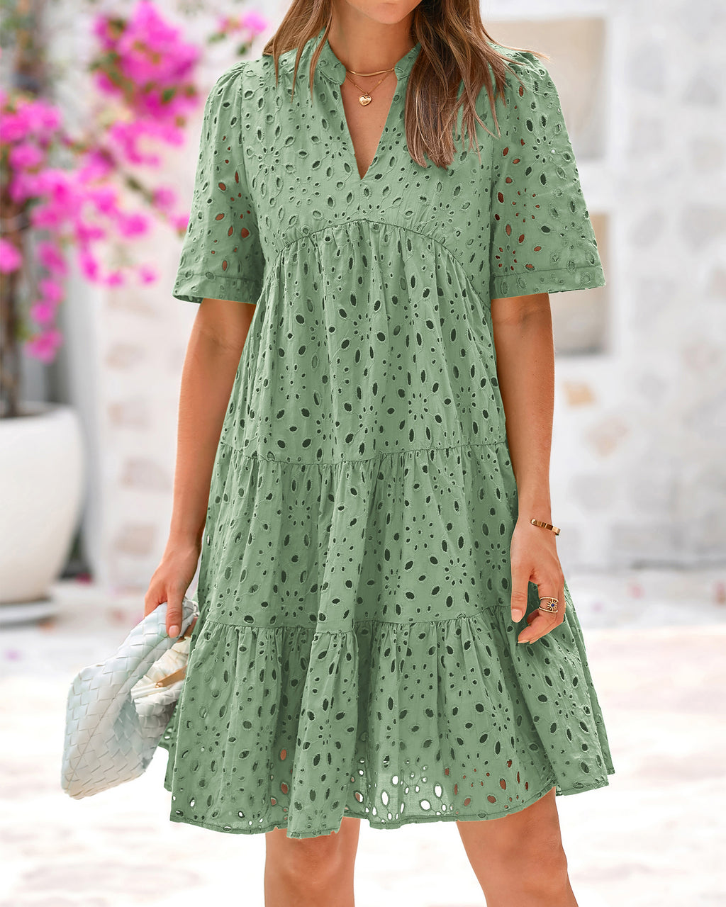 BTFBM Womens Boho Summer Dresses 2026 Spring V Neck Short Sleeve Hollow Out Lace Ruffle Casual Beach Mini Vacation Dress