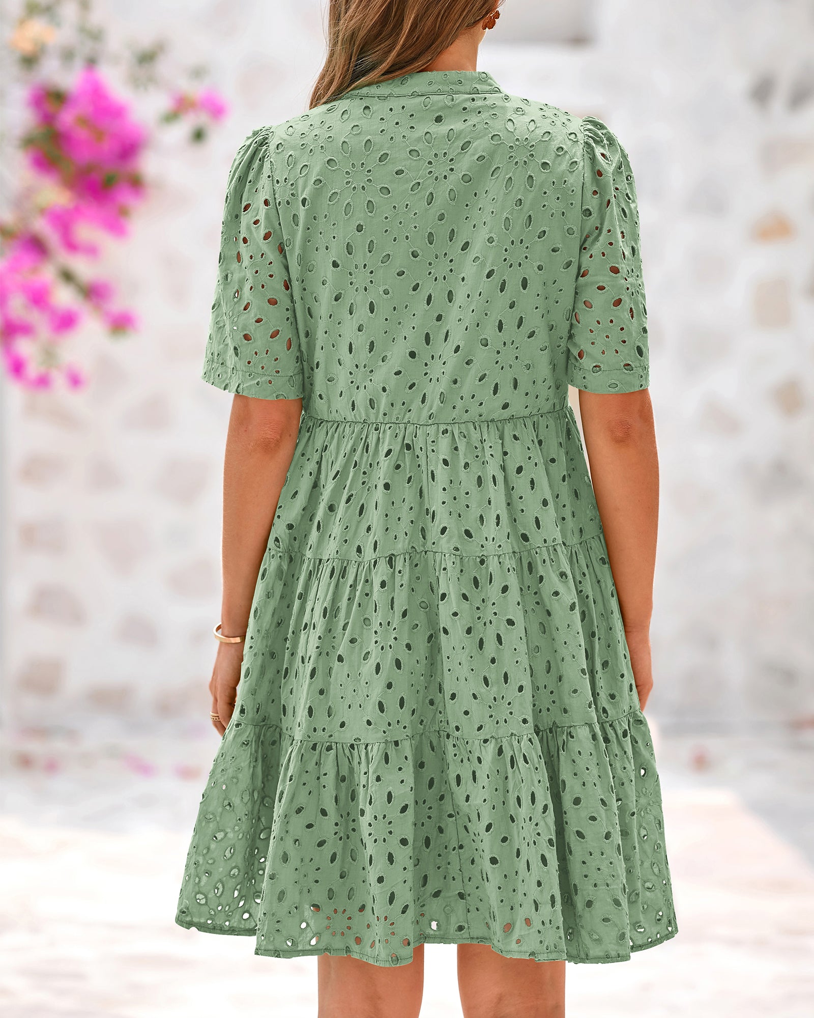 BTFBM Womens Boho Summer Dresses 2026 Spring V Neck Short Sleeve Hollow Out Lace Ruffle Casual Beach Mini Vacation Dress