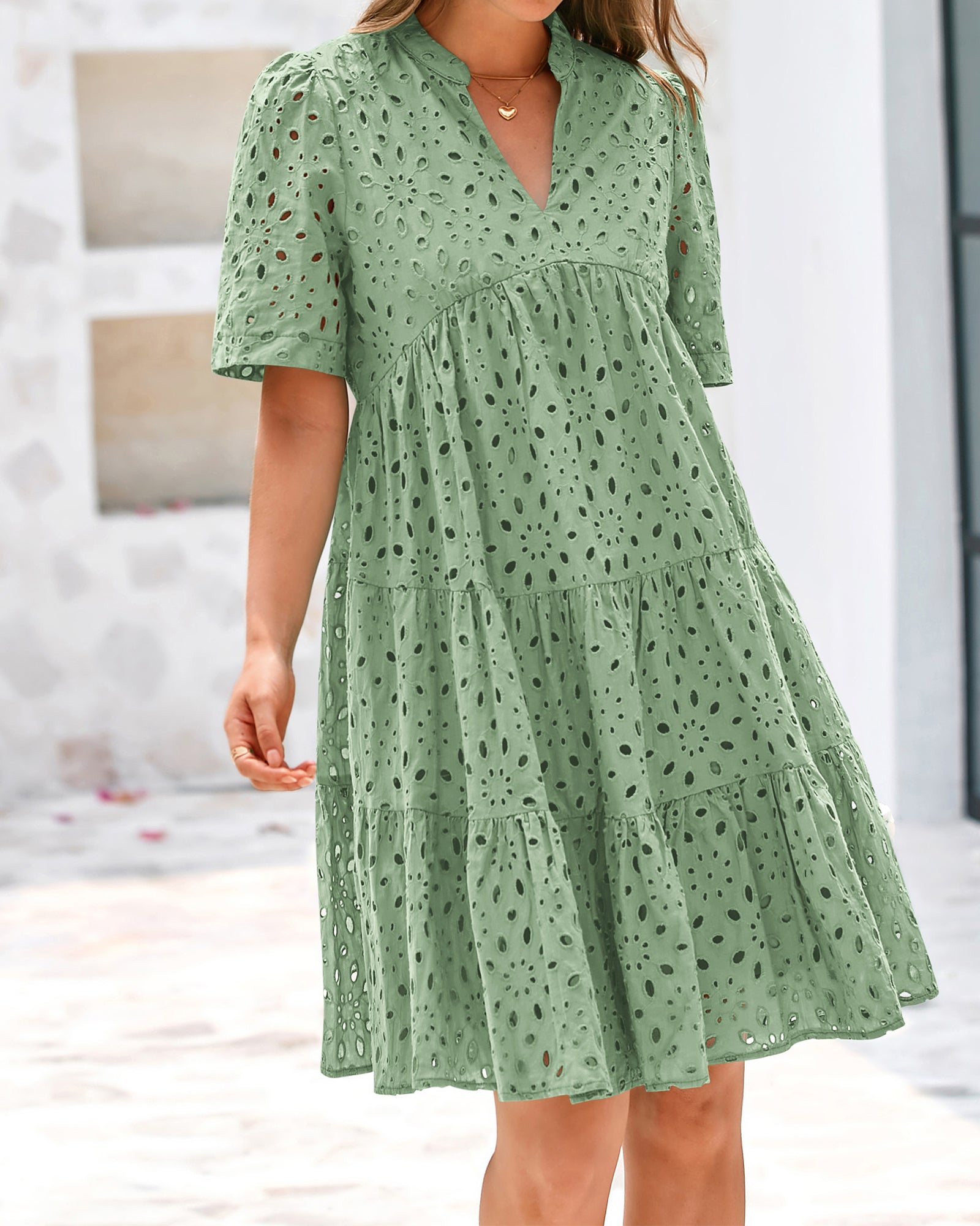 BTFBM Womens Boho Summer Dresses 2026 Spring V Neck Short Sleeve Hollow Out Lace Ruffle Casual Beach Mini Vacation Dress