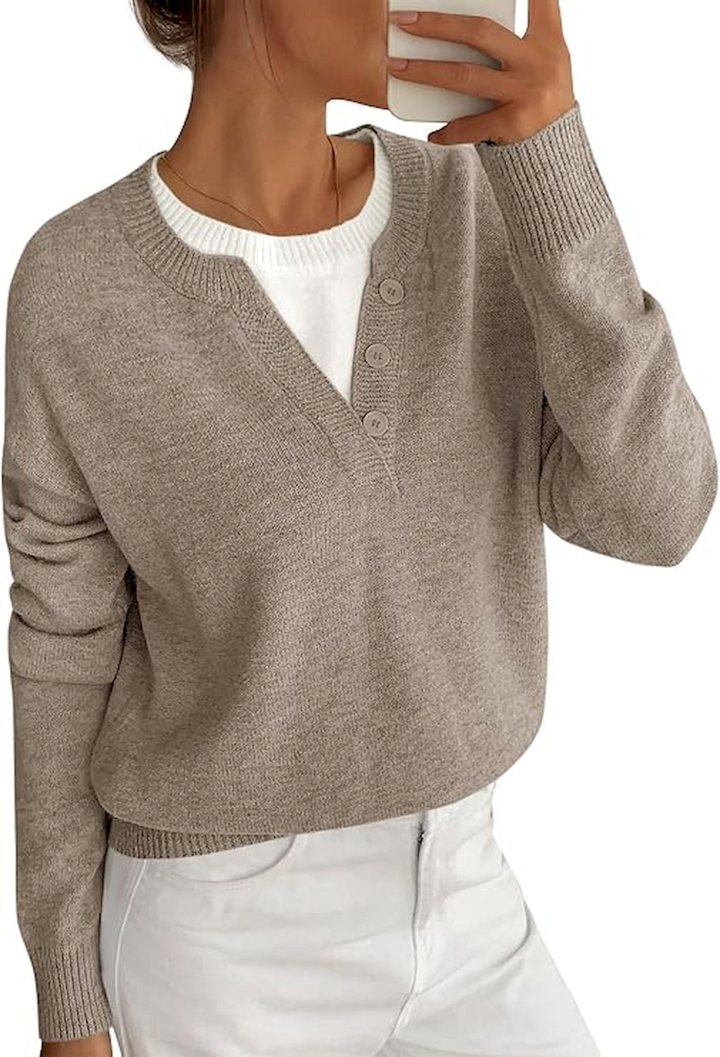 BTFBM Women Long Sleeve Crew Neck Sweaters  Tops, 2 in1 Knitted Pullover, Deco Buttons, Oversized, Stretchy, Vacation, Business Casual Outfits, Fall Winter Trendy 2026
