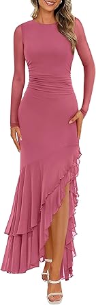 BTFBM Women's Maxi Dresses Spring 2026 Long Sleeve Ruched Bodycon Solid Ruffle Mermaid Cocktail Wedding Guest Dress
